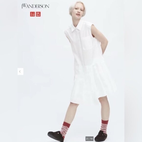 NWT JW ANDERSON UNIQLO Shirt Dress White Asymmetrical Pleat Skirt Sleeveless XS